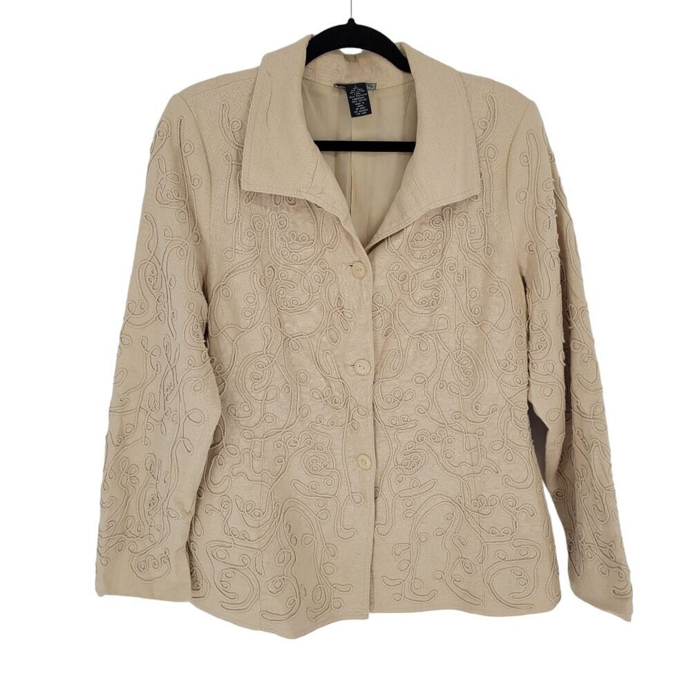 Dialogue womens large beige embroidered textured applique swirl button jacket